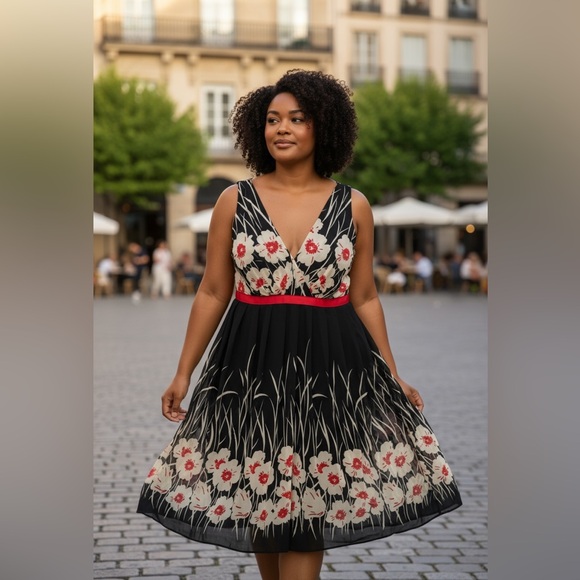 💙DRESS BARN, FLORAL BLACK/ RED SLEEVELESS, PLEADED DRESS - Picture 2 of 11